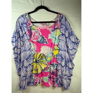 Lilly Pulitzer Pink Purple Shell & floral Elastic Waist Top S/M preppy party